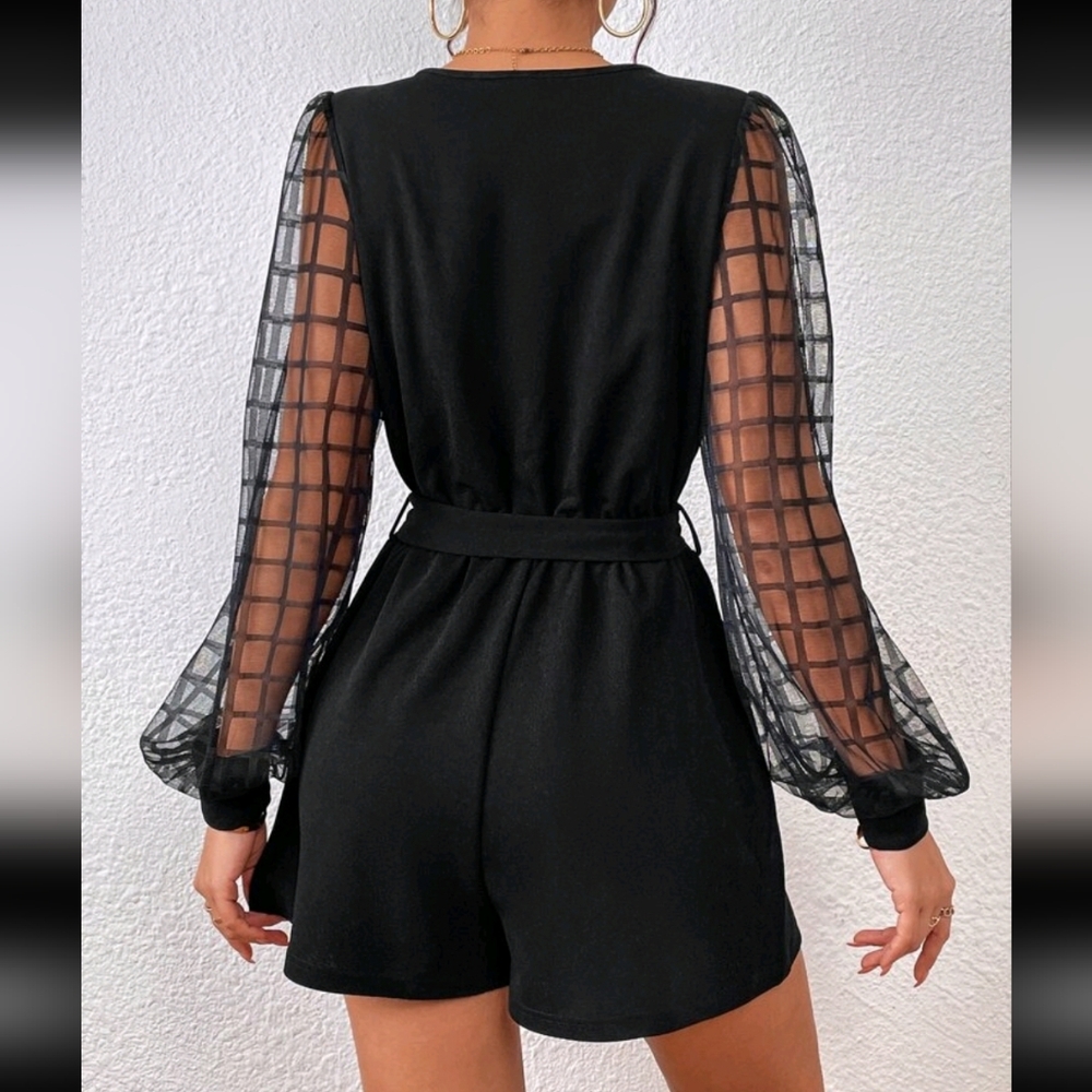 Elegant Black Sheer Sleeve Romper - Picture 2 of 3